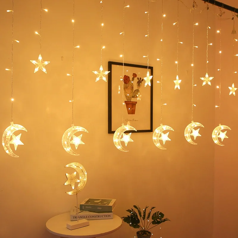 Eid Mubarak Ramadan Decorations  Moon and Star Shape Led Curtain Light Christmas Lights Decorative Lights with Factory Prices