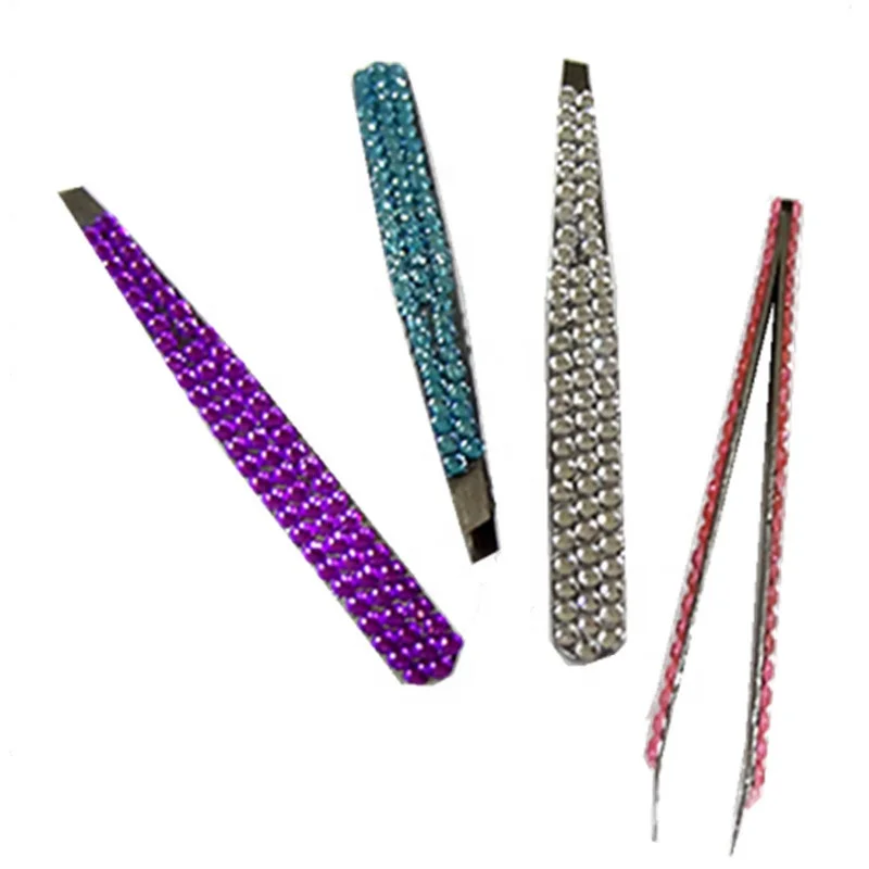 

BEAU FLY Rhinestone Stainless Steel Personal Care Tool Slant Pointed Eyebrow Hair Removal Tweezers, As pictures