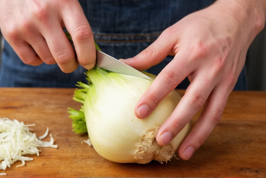 Close-up of hands trimming fennel bulb base and separating fronds with sharp kitchen knife