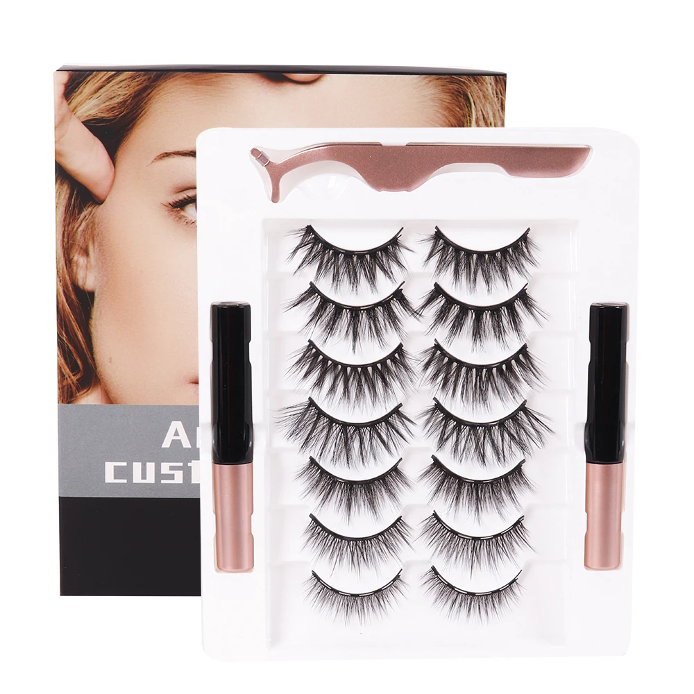 

Reusable 3D private label handmade natural look faux mink 5 magnets magnetic eyelashes liner with box eyelashes, Natural black