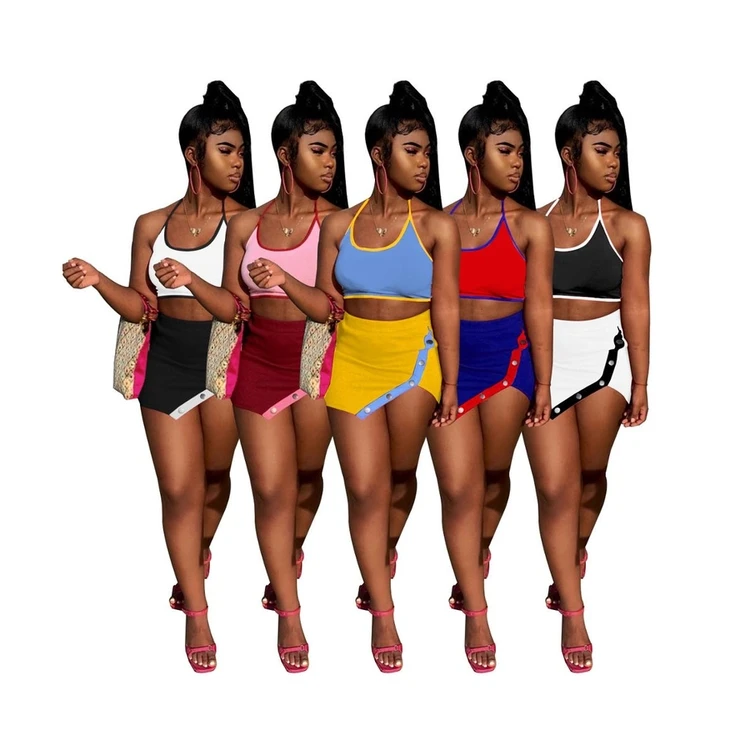 

Summer women clothing halter neck crop top irregular 2 piece bandage skirt set