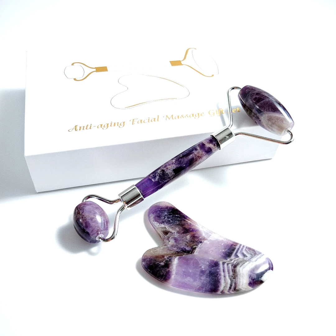 

Hot selling high quality natural amethyst gua sha roller, facial beauty massage handheld real jade rollers