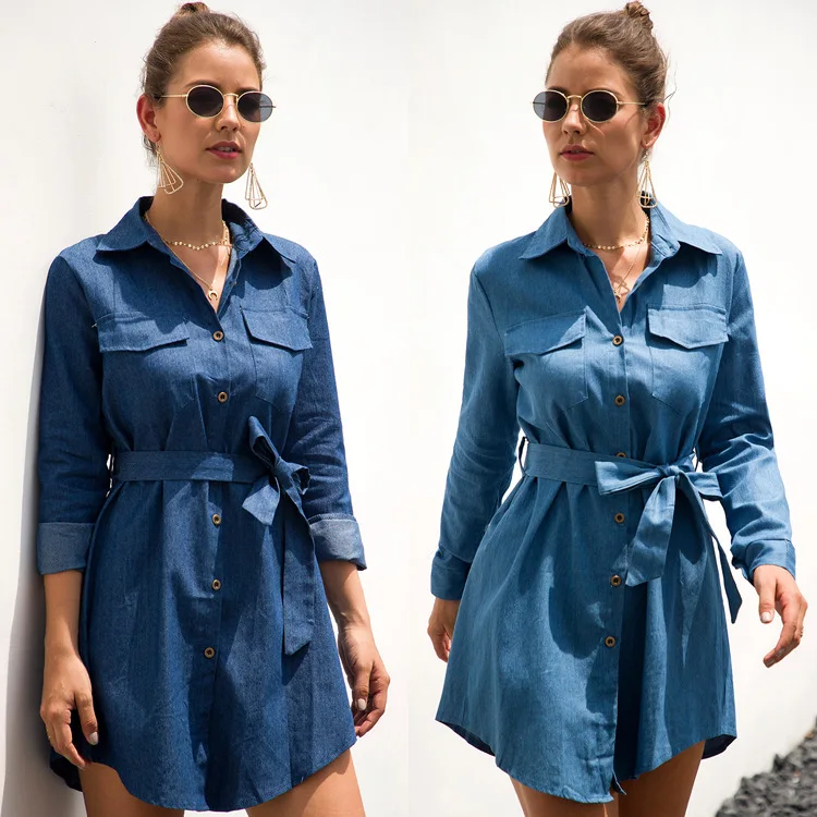Casual Tie-Wrap Long Sleeve Shirt Denim Dress