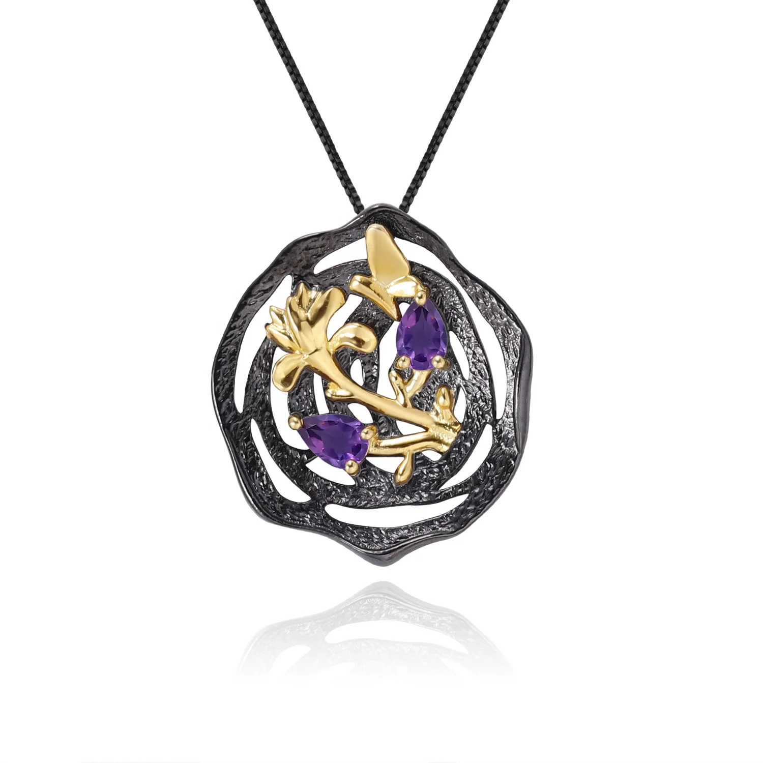 

Abiding Natural Amethyst Woman's Fashion Pendant 925 Sterling Silver Handmade Butterfly Flower Lotus Pendant Necklace