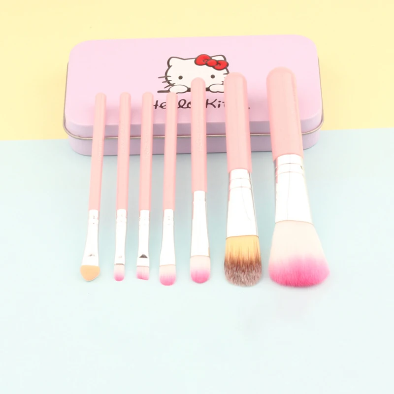 

Leichi factory wholesale custom hello kitty 7 pcs mini makeup brushes set with Iron box packaging, Customized color