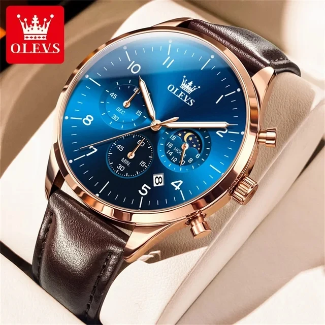 OLEVS 2882 Multifunctional Mens Quartz Watches Leather Strap 42mm Big Dial Moon Phase Waterproof Classic Luxury Watch for Men