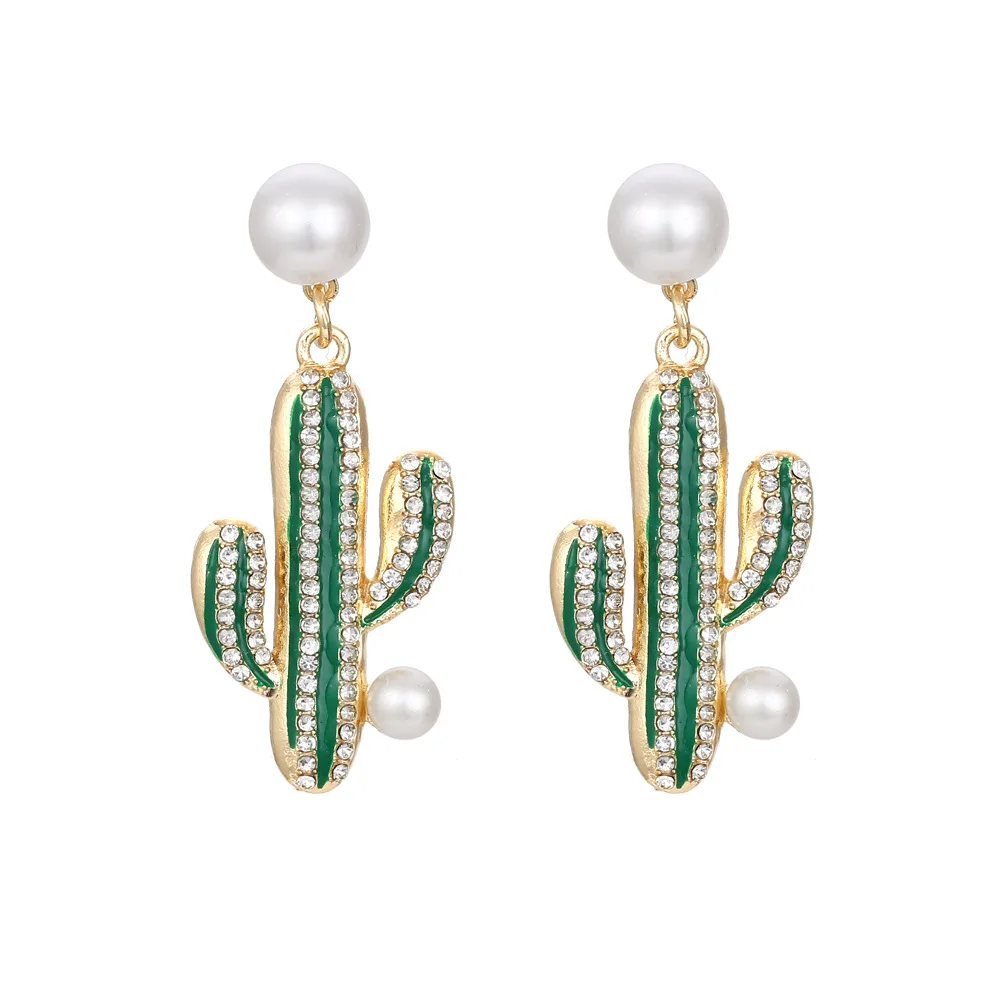 

Personality Alloy Drop Oil Inlaid Pearl Cactus Earrings Fashion Plant Flower Earrings Women 2021, Like picture