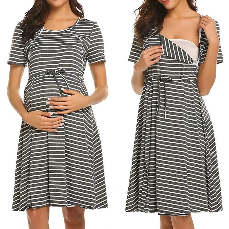 Hot sale cheap cotton short-sleeved waist maternity dress striped midi breastfeeding dress