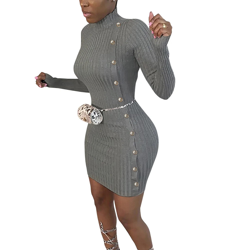 

Women casual wear pure color sexy single breasted fashion bodycon dress