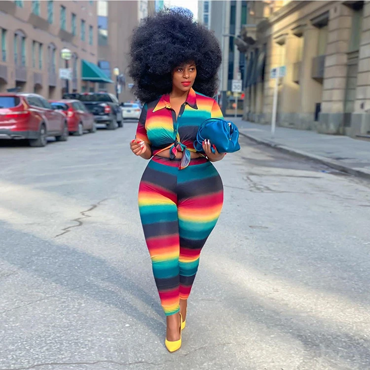 

Colorful Striped Knit Long Sleeve Plus Size 2 Pieces Outfit Women 2021 2Pc Sets 4xl 5xl Womens Clothing Two Piece Pants Set -PT, Blue