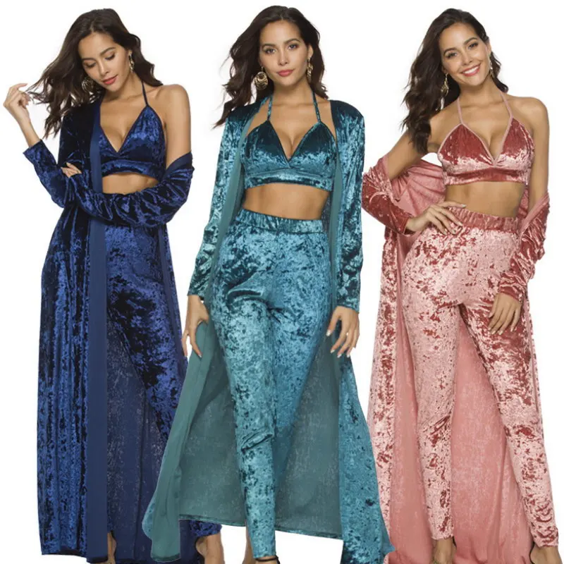 

In Stock Woman High Waist Long Pant Sling Coat Knitted Stretch Fashion Casual Suit Solid Color Three Piece Set, As picture