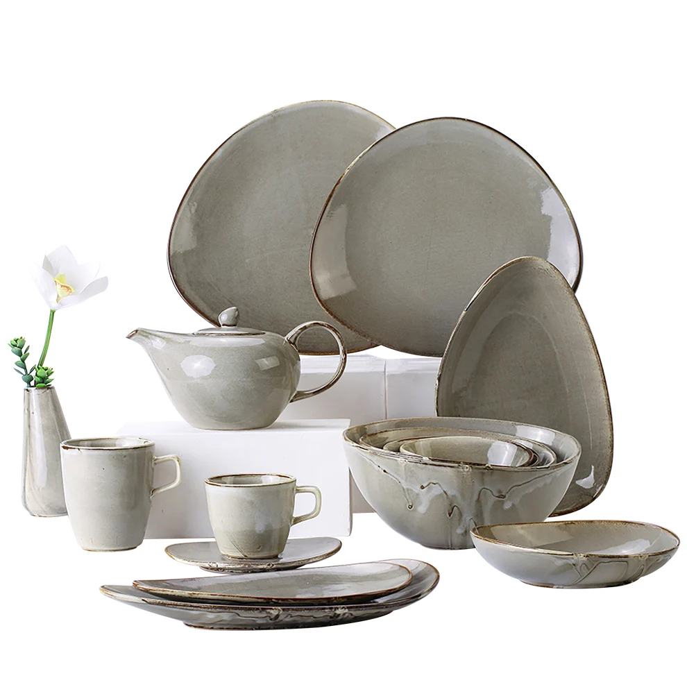 

Unbreakable Japanese style YAYU irregular porcelain home dinner tableware sets glaze china plates bowls set ceramic dinnerware, Grey
