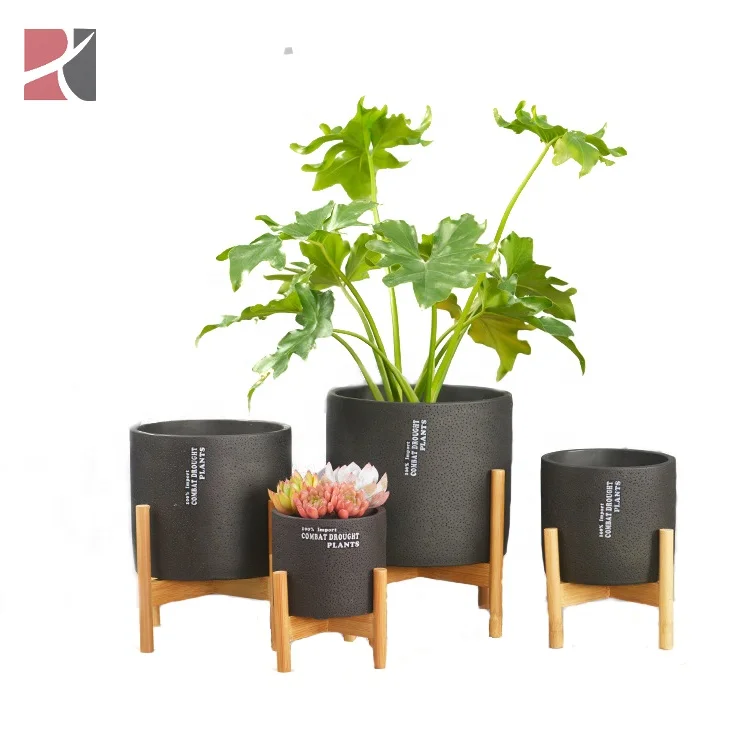 

Modern Cylinder Mid Century Bamboo Flower Stand Cement Flower Pots Planter for Home Garden Decor, As photo show or custom