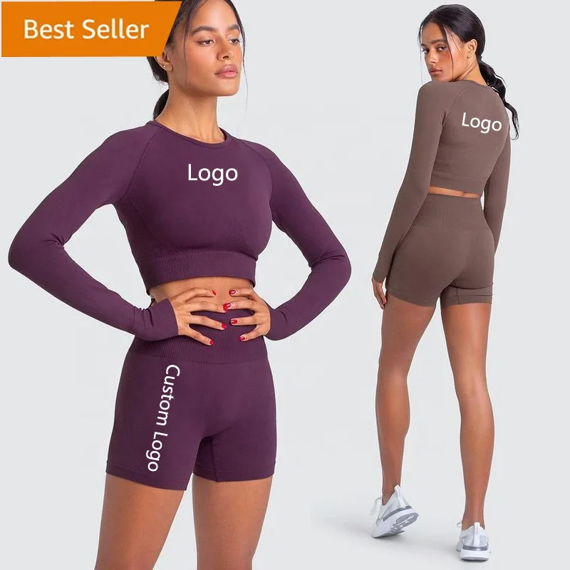 

Custom logo Women Seamless Workout 2 Piece High Waisted Athletic Wear Long Sleeve Sin Costura Yoga Clothes shorts Set