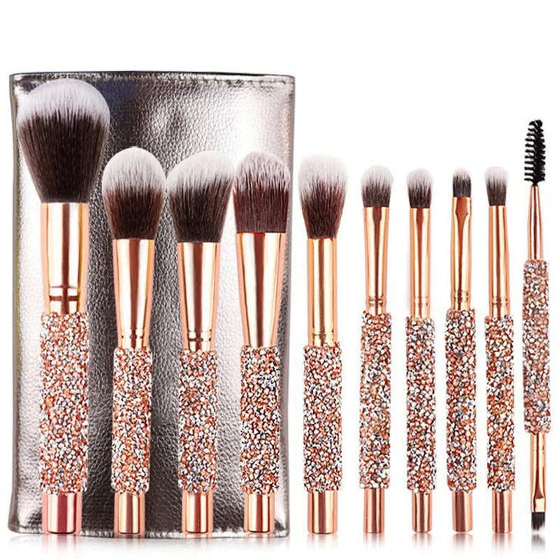 

10pcs Rose Golden Glitter Crystal Diamond Handle Foundation Make Up Brush With Pu Bag Makeup Brush Set, Rose gold