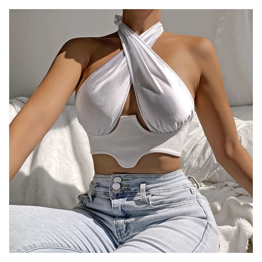 

Summer 2021 Bustier Halter Design fashion sexy sleeveless tops for women hanging neck cross strap women top, White/black
