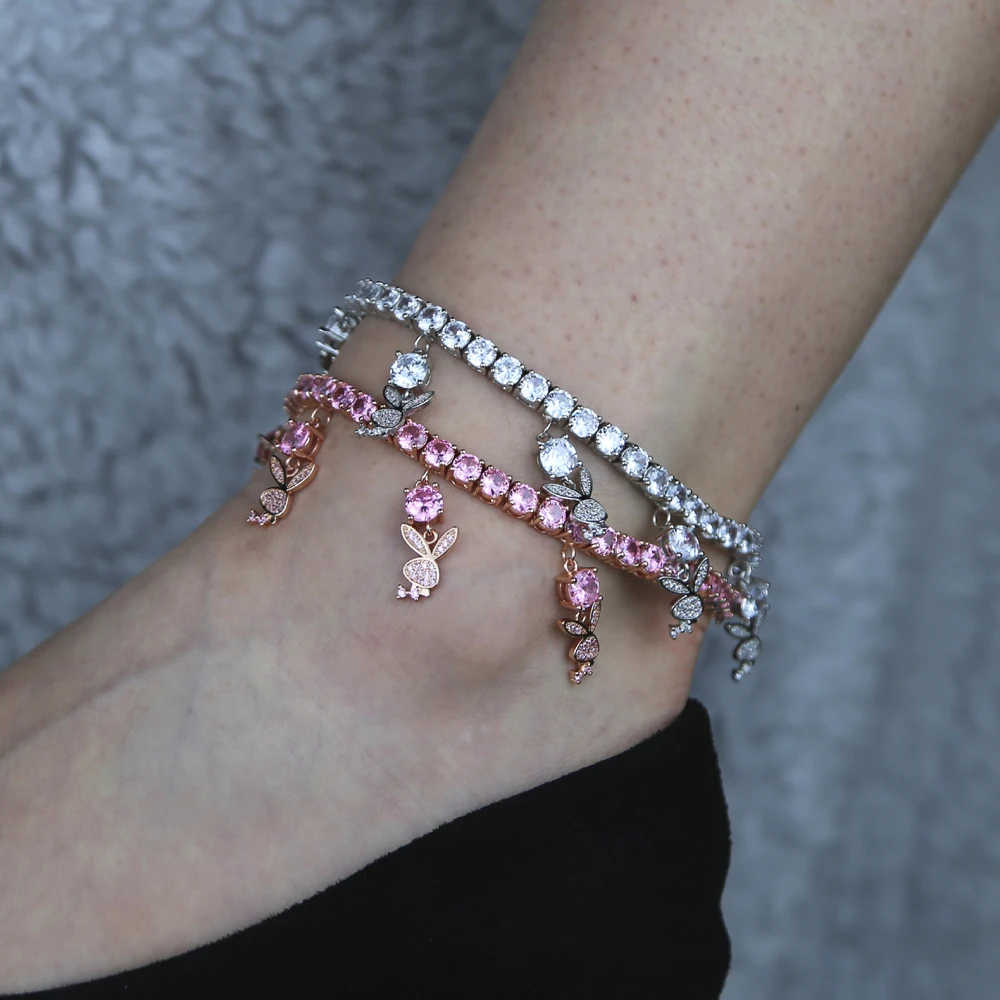 

2021 summer beach jewelry ice girl women 5A cz pink silver charm tennis ice anklet