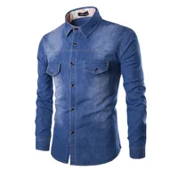 

Best Quality Long Sleeve Turn-Down Coll Cotton Solid Color Jeans Casual Denim Men Shirt