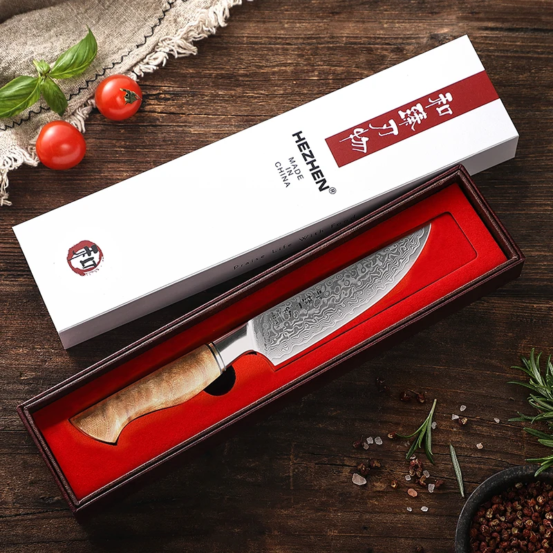 

HEZHEN Individual package Kitchen Damascus steel Steak knife with Figured Sycamore wood handle