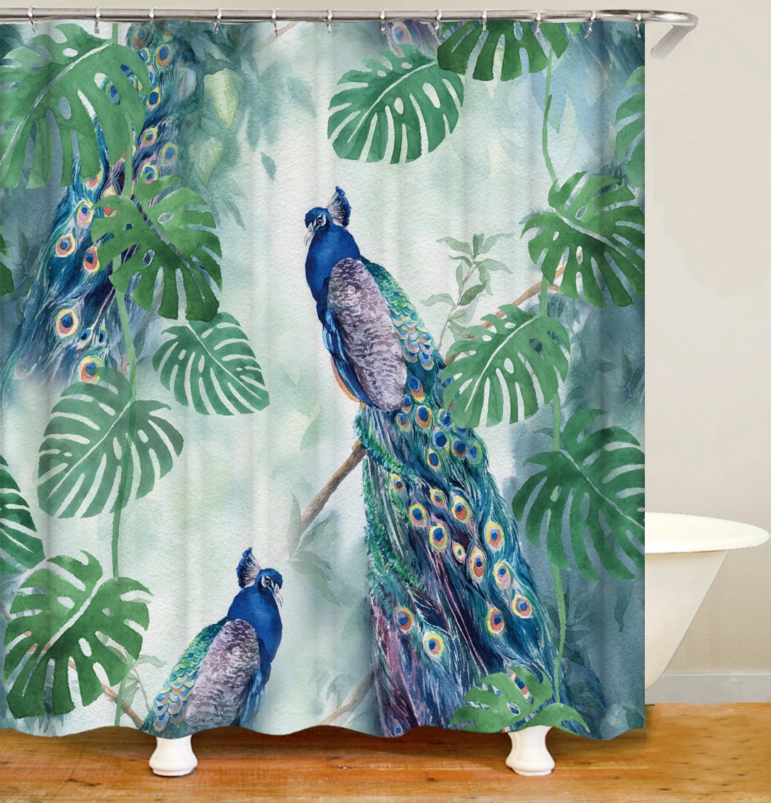

peacock print round metal rings bath curtain shower waterproof 100% polyester 3d