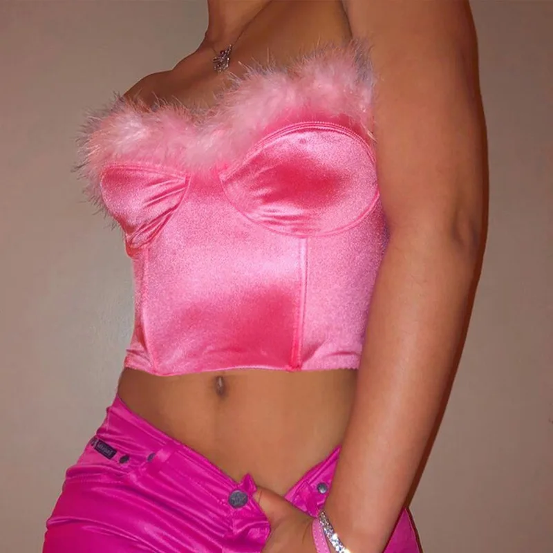 

2021 Summer Doll Cute Pink Crop Top Tank Sleeveless Sexy Club Fashion New Arrival Women Satin Club Wear Ladies Y2K Teens Clothes