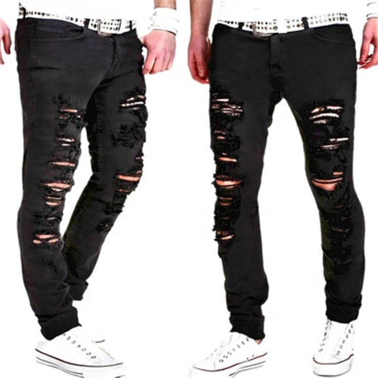 

Jhcentury Men's Washed Hot Sale Fashion Hole straight Black Color Younger Casual Jeans, Customized color