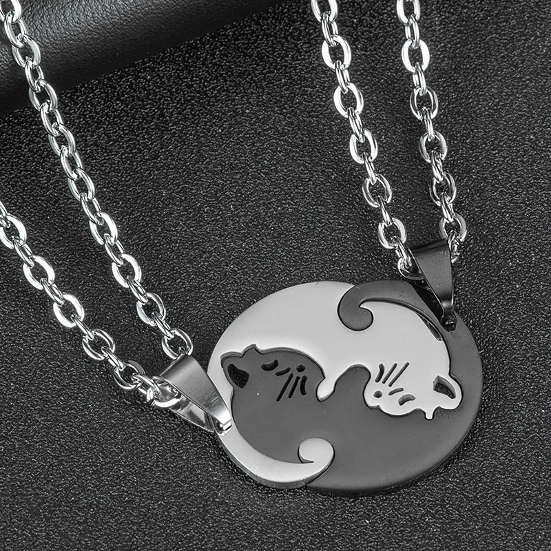 

2Pcs Yin Yang Tai Chi Animal Cat Pendant Necklace For Best Friends Lovers Jewelry Stainless Steel Couple Matching Necklace Gift