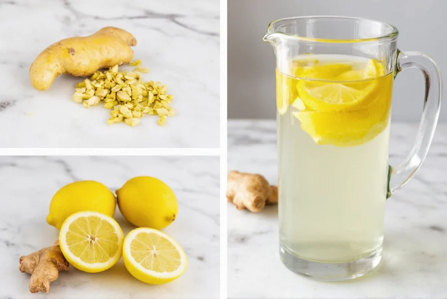 Step-by-step preparation of ginger lemon water showing grating ginger, slicing lemon, and steeping in glass pitcher