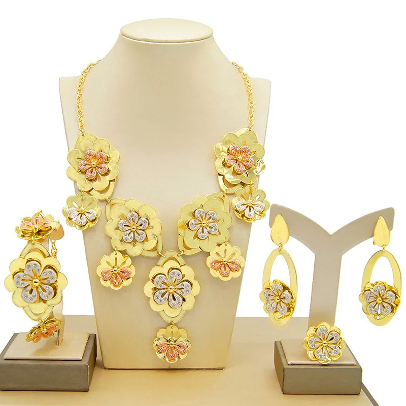 

Yulaili Latest Style Brazil Gold Exaggerated Flower Copper Jewelry Sets American 24K Real Gold Plating Party Wedding Jewelry Set