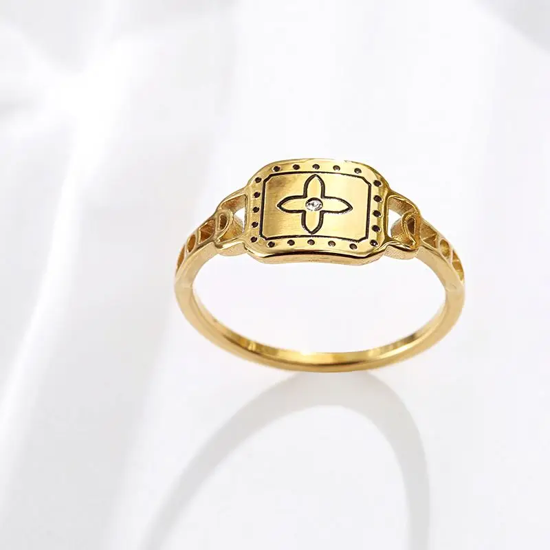 

French Style Women's Square Shape Gold Plated Stainless Steel Zircon Ring