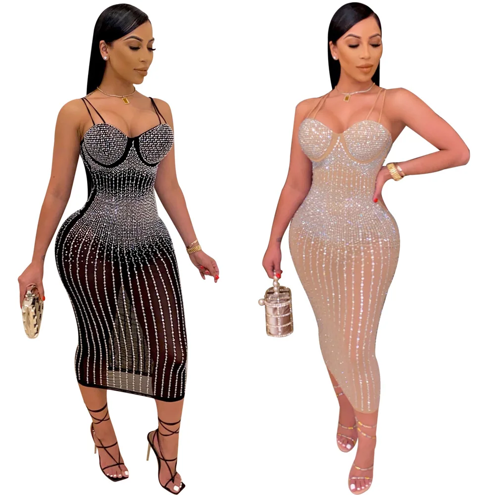 

FREE SAMPLE JHTH 2021 sexy sling women's nightclub style hot drill perspective slim plus size dress