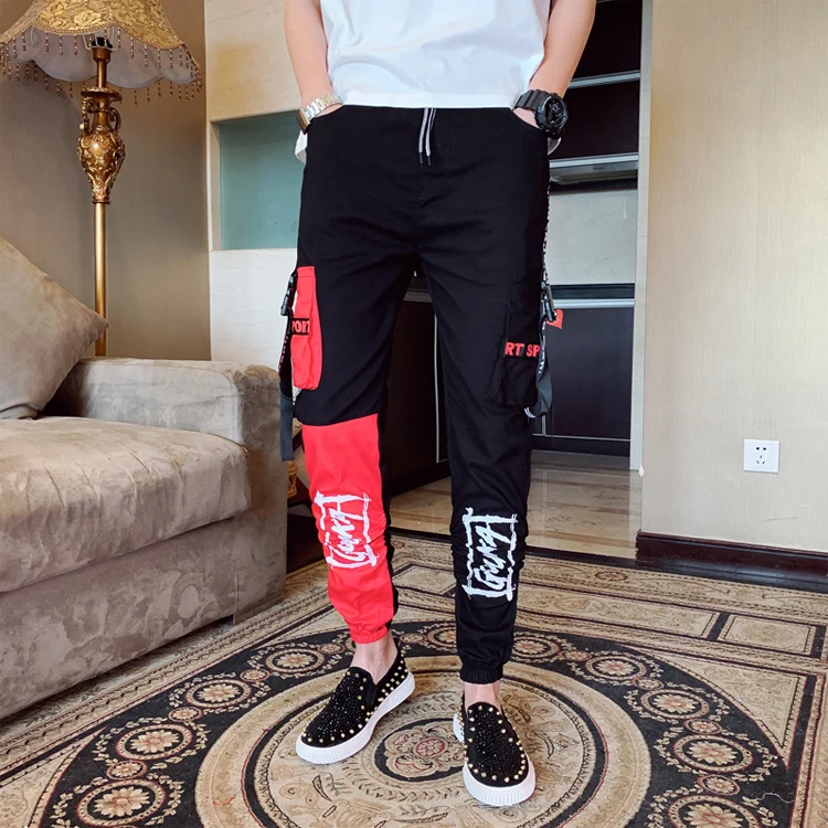 

2019 new Hot sale Men Loose Falling feeling Big pocket Harem pants Leisure Side letter Slim fit Nine points Cargo pants, Colors