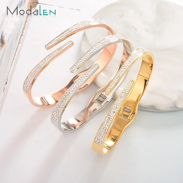 

Modalen Gold Bracelet Open Jewellery Latest Design Adjustable Steel Metal Crystal Bangle