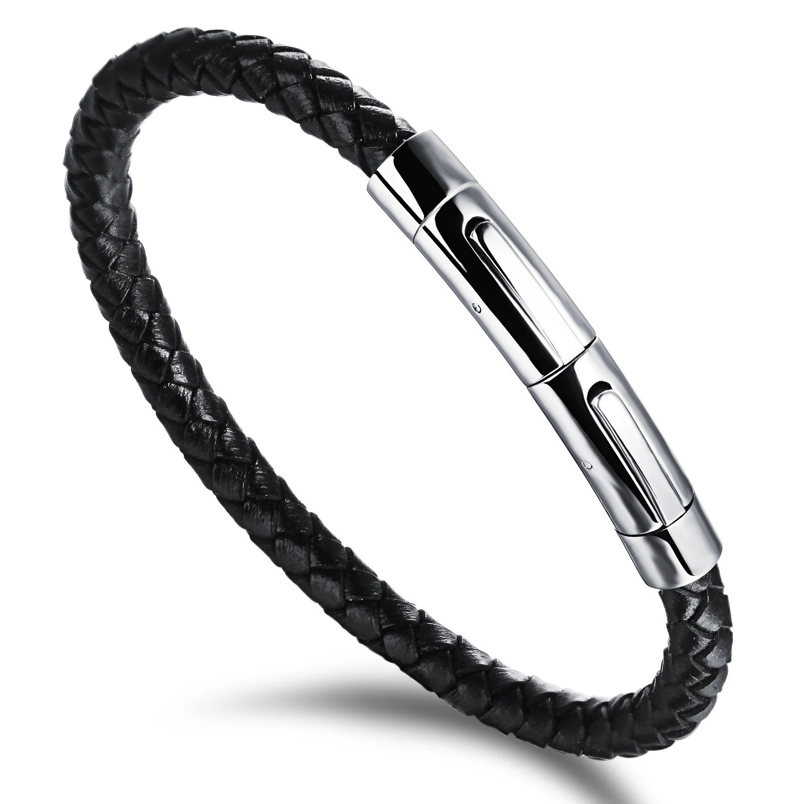 

Classic Men Jewelry Black Round Stainless Steel Snap Leather Bracelet for Gifts, Silver color