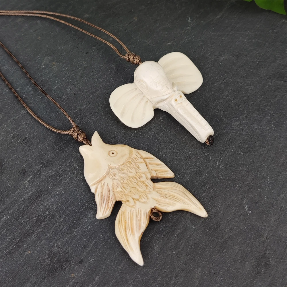 Hand Carved Buffalo Ox Bone Elephant Charms Yak Bone Tribal Maori Fish Pendant Hawaii Braided Rope Necklace for Men Women Gifts