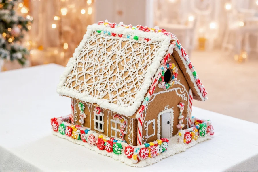 Professional gingerbread house construction showing precise cookie cutting, royal icing application, and candy decoration process
