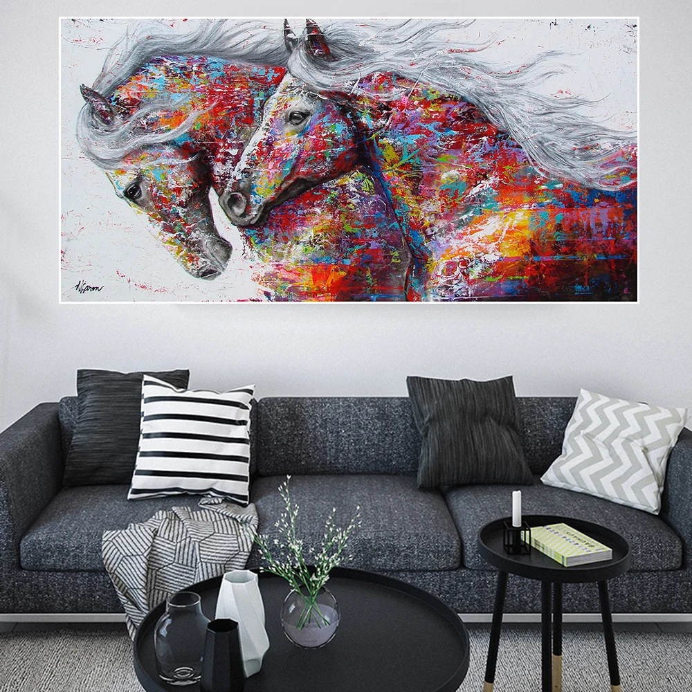 2 Horse Art Painting On Canvas Graffiti Two Running Horses Wall Art ...