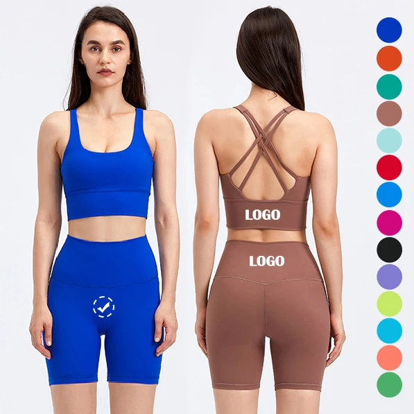 Wholesale Summer Women Cross Back Quick Dry Sporting Yoga Biker Shorts two piece short set