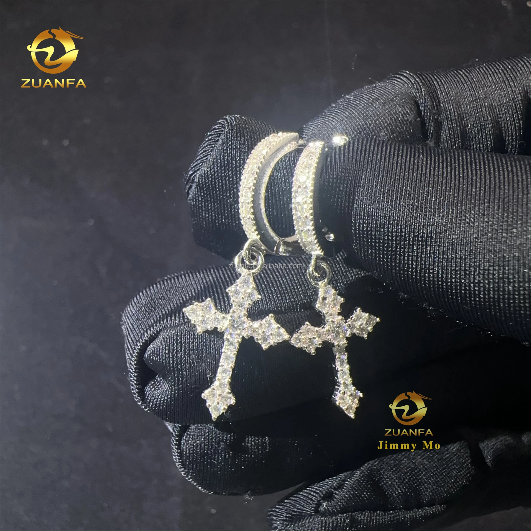 Bulk Stock Drop Shipping Men Iced Out Hip Hop Sterling Silver 925  Moissanite Diamond Cross Shape Hoop Drop Earrings Men