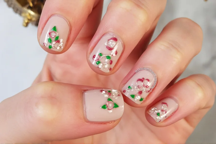 Close-up of festive gingerbread man nail art with detailed icing patterns and candy decorations on almond-shaped nails