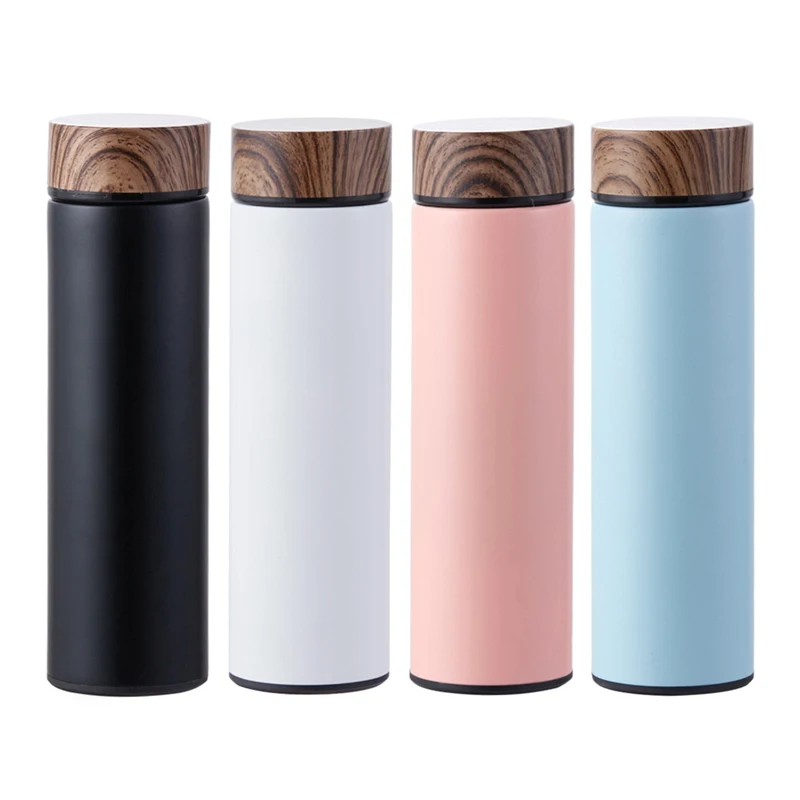 

500ml wholesale stainless steel water bottles with wooden grain color paint lid double wall insulated vacuum flask, White,black,grey ,sliver