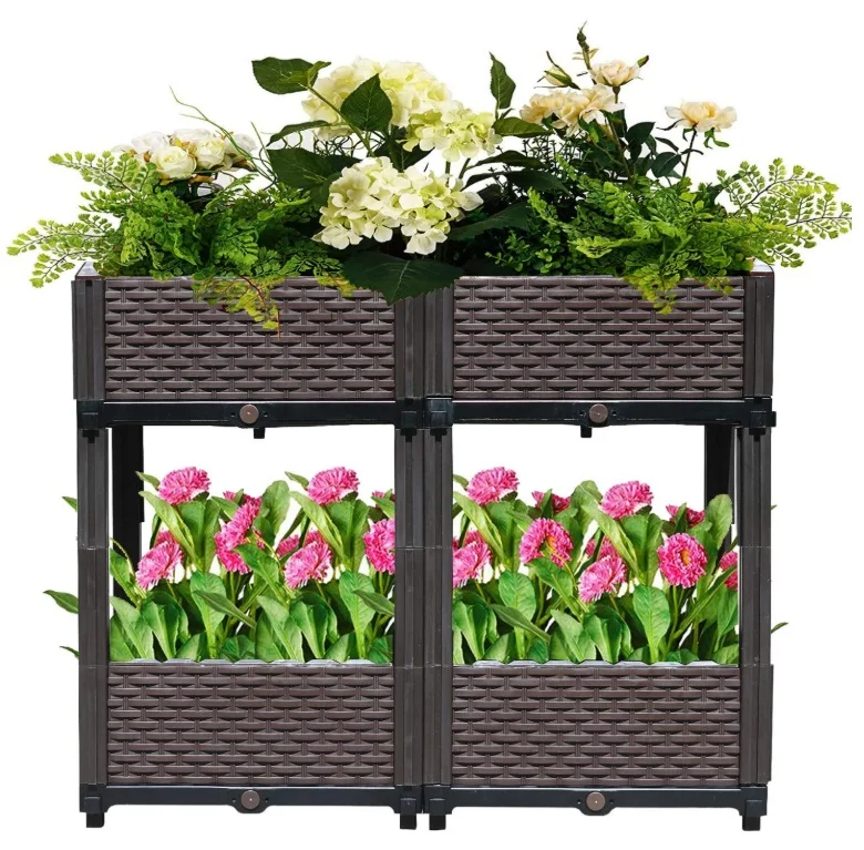 

Brown Rectangular Raised Garden Bed Kit, Plastic Planter Grow Box for Fresh Vegetable Flowers Succulents