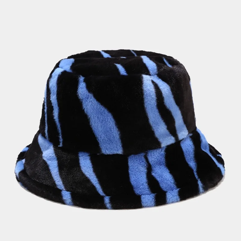 2021 trendy winter zebra pattern bucket hat korea style outdoor all-match Faux Fur warm hat for woman