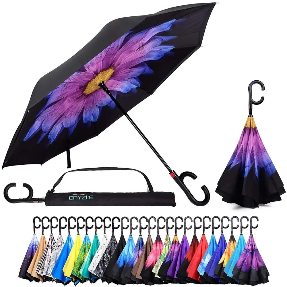 

Hot Selling auto open New Products Stock Custom logo Double Layer Inside Out C Shape Handle inverted Reverse Umbrella, Customized color