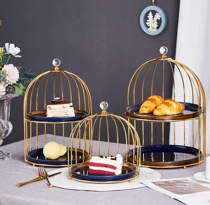 

Birthday Party Cake Wedding Cake Stand Holder Ceramic Cake Plate Two Floors Dessert Snack Rack Decoration, Blue