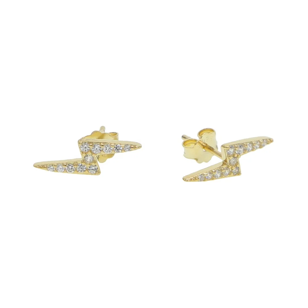 

Lightning bolt stud earring 925 sterling silver vermeil gold white cz paved simple Lightning studs