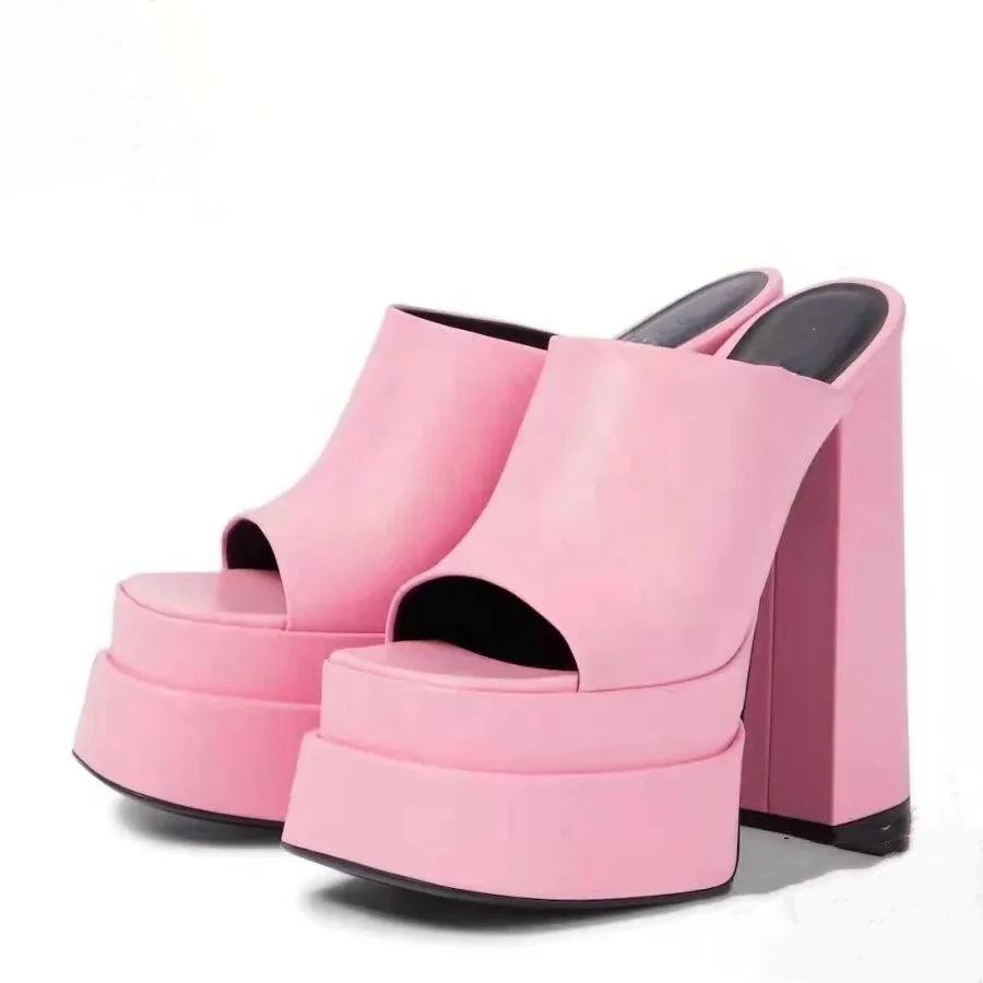 

Double Platform Chunky Heel Peep Toe Slippers Show Style Footwear High heel Platform Ladies Slippers, Black,nude,gold,pink.green.