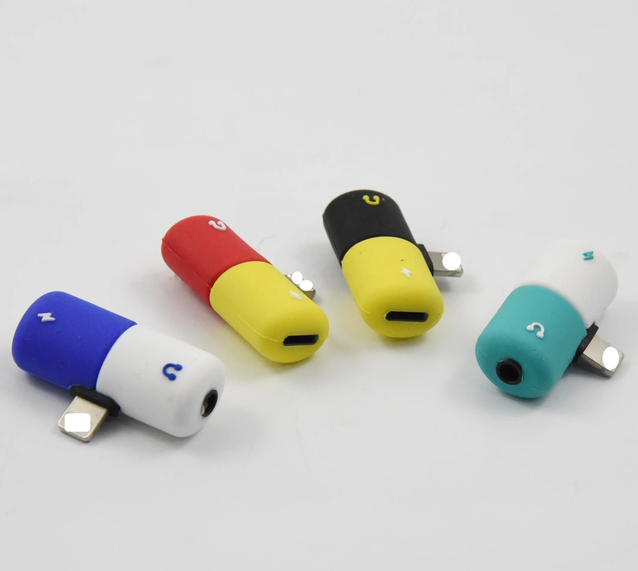 

ADAPTER 2 in1 Mini Pill Shape Charging Splitter Headphone Audio Adapter for IPhone earphone Jack AUX Connector Adapter, Blue+white/black+yellow
