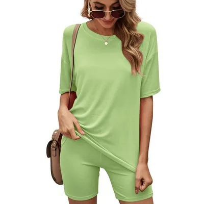 

2 piece set summer 2021 woman home wear solid color casual sport suit sleepwear short pant and shirt Jogger Set, Picture shows