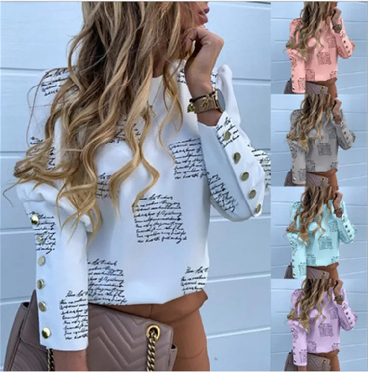 

Trending 2020 Fashion Women's Tops Button Long Sleeve Print Lettering Shirt ladies%27+blouses, Customized color/as show